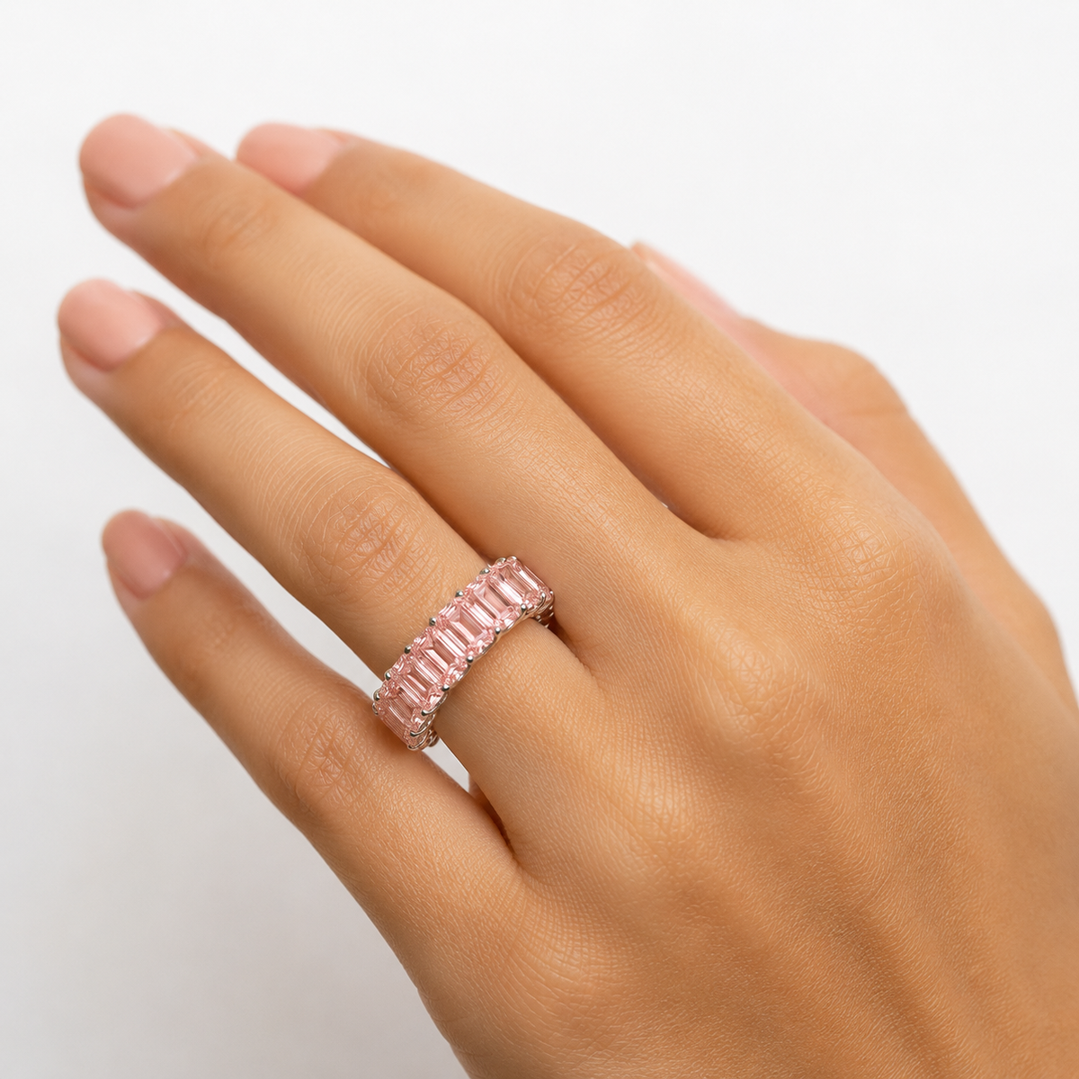 7.0-7.5 CT Emerald Pink Lab Created Diamond Eternity Band Ring 14K White Gold