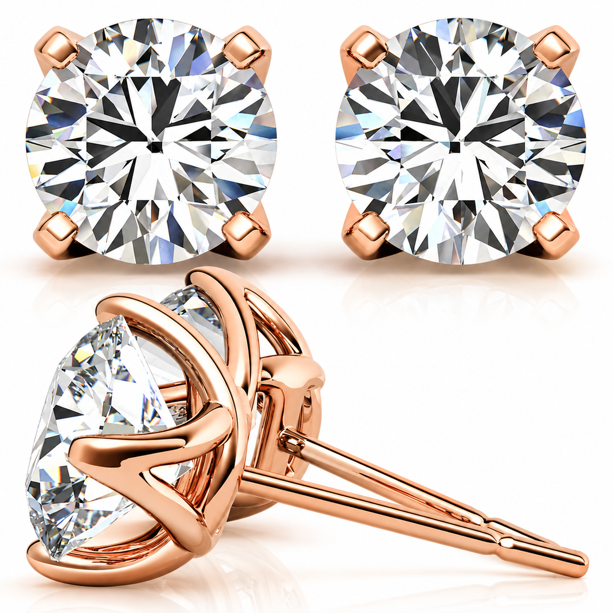 Round Lab-Grown Diamond 4 Prong Trellis Style Stud Earrings