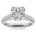  Round Flower Inspired Solitaire Moissanite Halo Engagement Ring 