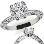 Round Scroll Accent Solitaire Moissanite Engagement Ring with Tulip Prongs