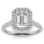 Double Halo Emerald Cut Moissanite Engagement Ring With Accent Stone 